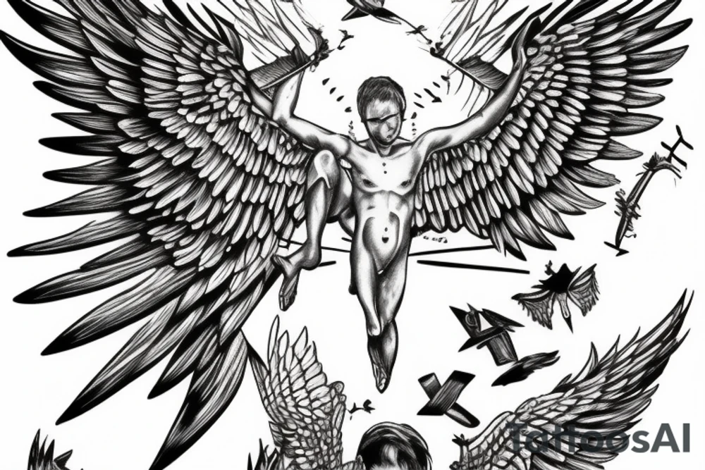 Icarus falling, wings tearing tattoo idea