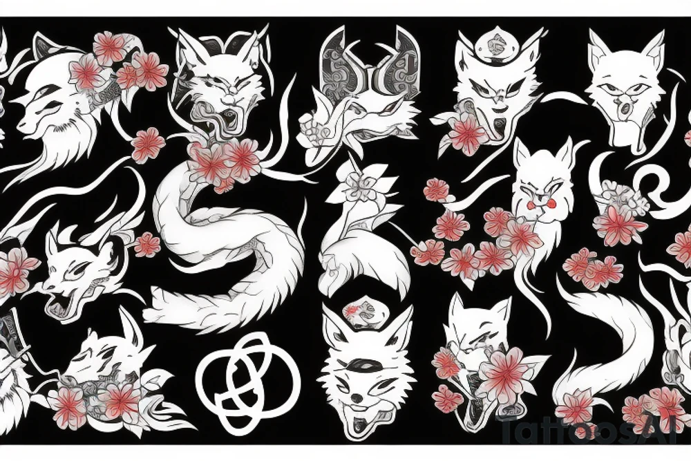 Yakuza Samurai with Kitsune spirit and a shinto shrine with cherry blossoms tattoo idea