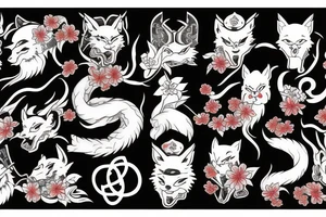 Yakuza Samurai with Kitsune spirit and a shinto shrine with cherry blossoms tattoo idea