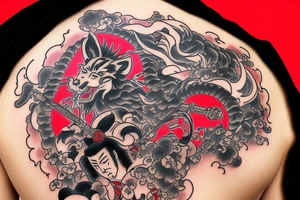 Yakuza Samurai with Kitsune spirit and a shinto shrine with cherry blossoms tattoo idea