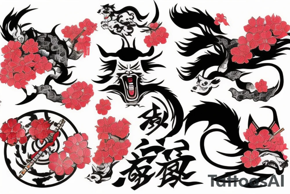 Yakuza Samurai with Kitsune spirit and a shinto shrine with cherry blossoms and Japanese flag tattoo idea