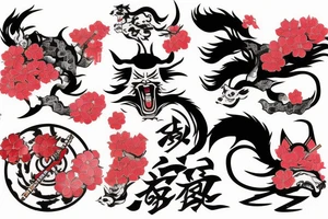 Yakuza Samurai with Kitsune spirit and a shinto shrine with cherry blossoms and Japanese flag tattoo idea