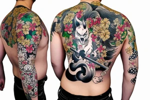 Yakuza Samurai with Kitsune spirit and a shinto shrine with cherry blossoms and Japanese flag tattoo idea