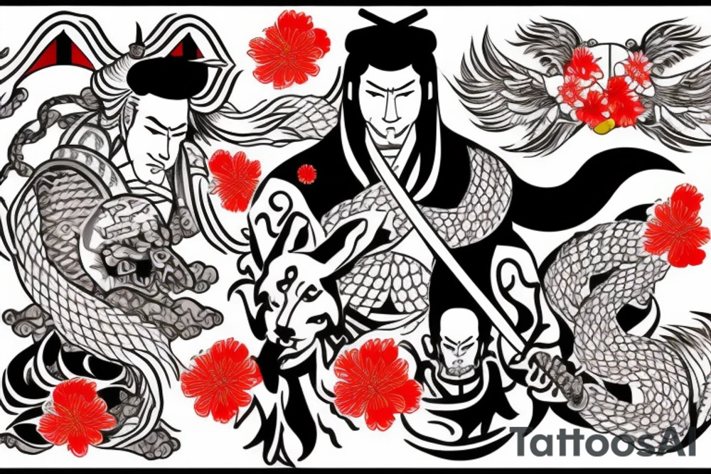 Yakuza Samurai with Kitsune spirit and a shinto shrine with cherry blossoms and Japanese flag tattoo idea