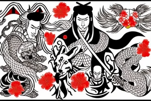 Yakuza Samurai with Kitsune spirit and a shinto shrine with cherry blossoms and Japanese flag tattoo idea