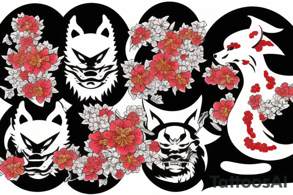 Yakuza Samurai with Kitsune spirit and a shinto shrine with cherry blossoms and Japanese flag tattoo idea