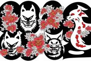 Yakuza Samurai with Kitsune spirit and a shinto shrine with cherry blossoms and Japanese flag tattoo idea