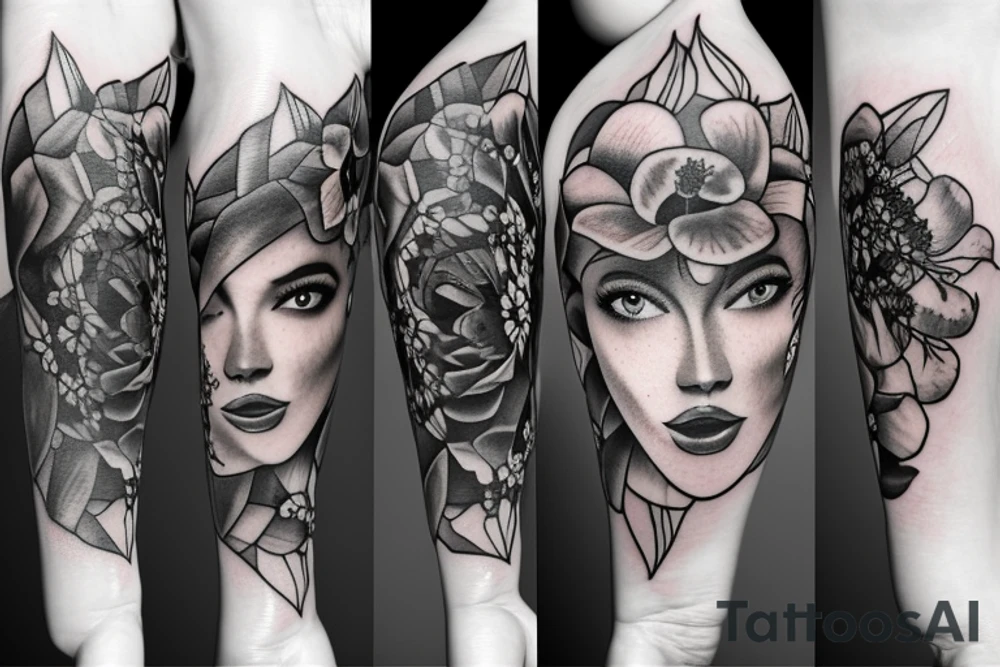 Black and grey surrealism tattoo with beautiful lady face double exposure with dahlias and flowers tattoo idea