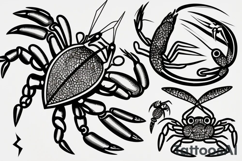 A crab, baitfish, and water symbol tattoo idea