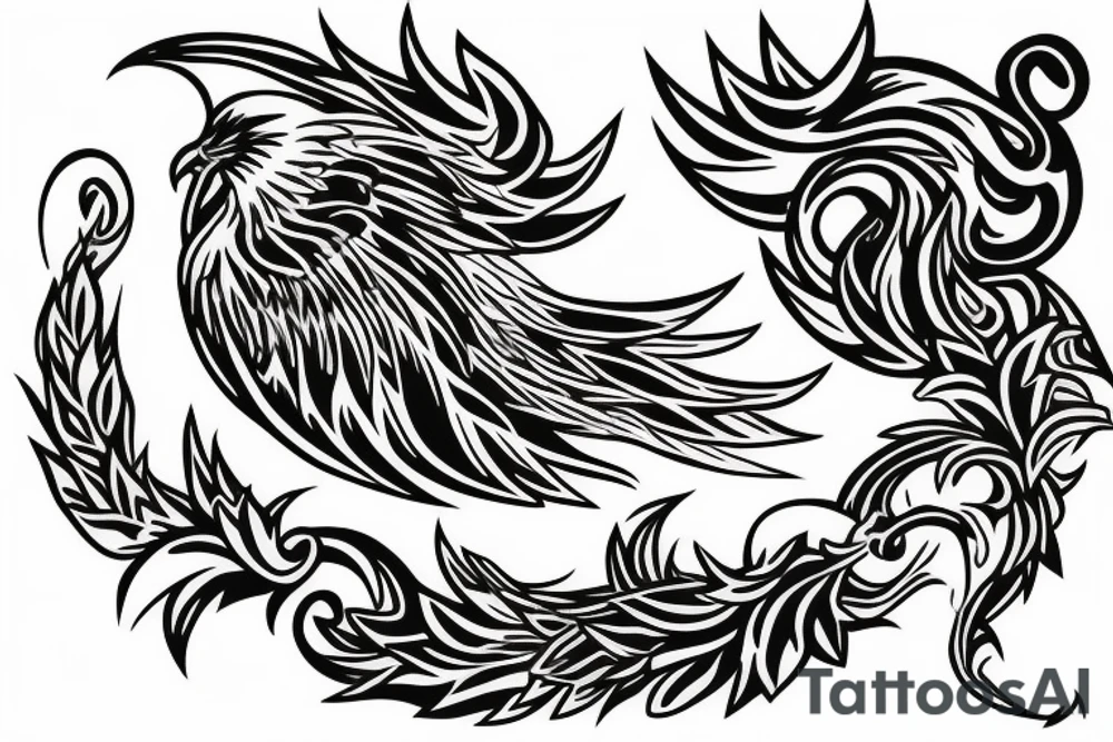 Phoenix rising from the flames holding petunias tattoo idea