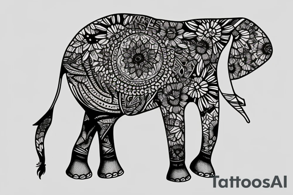 Elephant with sunflower and roses forest tattoo idea