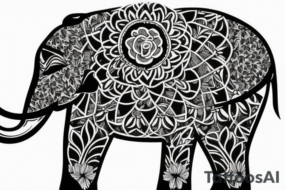 Elephant with sunflower and roses forest tattoo idea