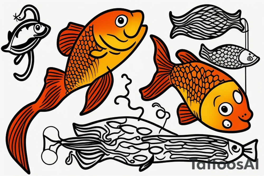 Goldfish standing on a stall about to hang himself with a fishing hook tattoo idea