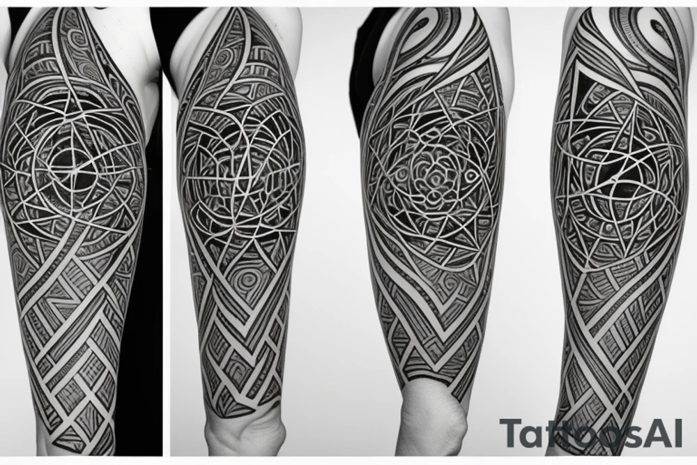 Duality with sacred geometry full arm tattoo idea