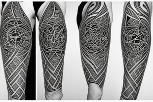 Duality with sacred geometry full arm tattoo idea