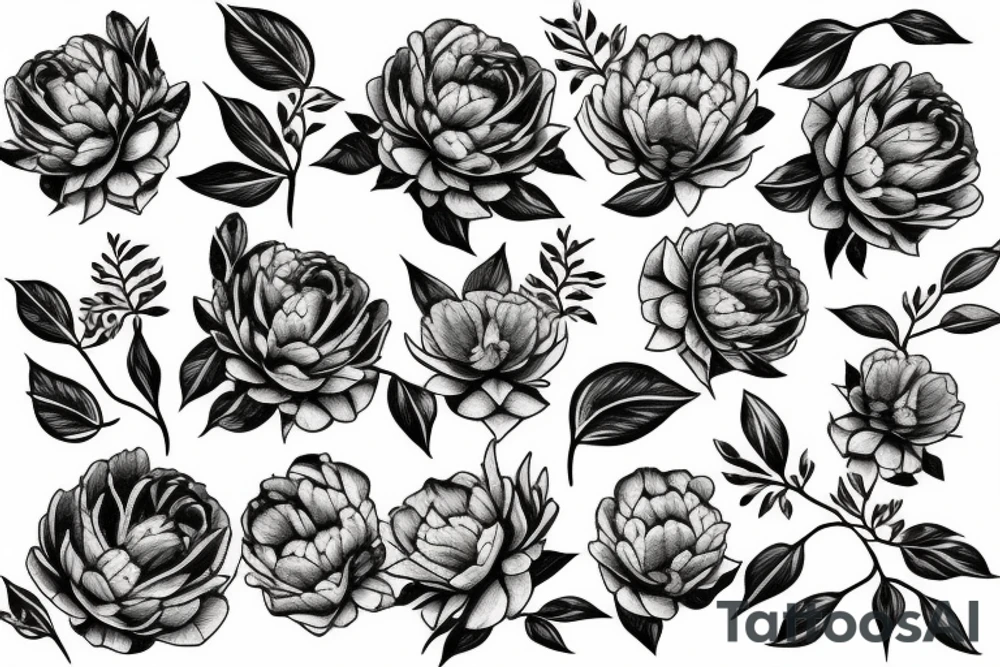 Peonies with black leaves tattoo idea