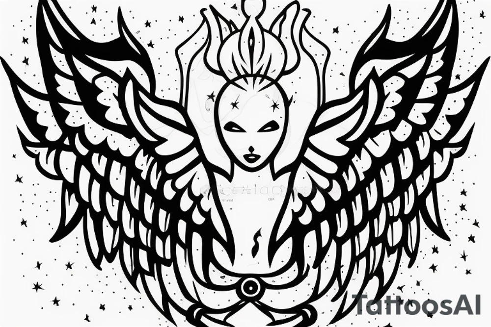 simple alien with angel wings symmetric tattoo idea