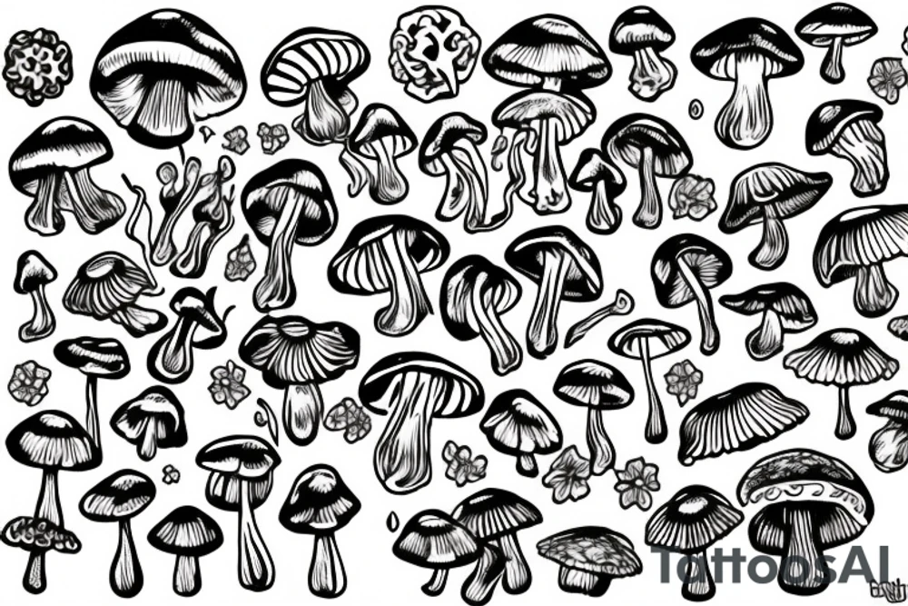 Trippy mushrooms with flowers tattoo idea