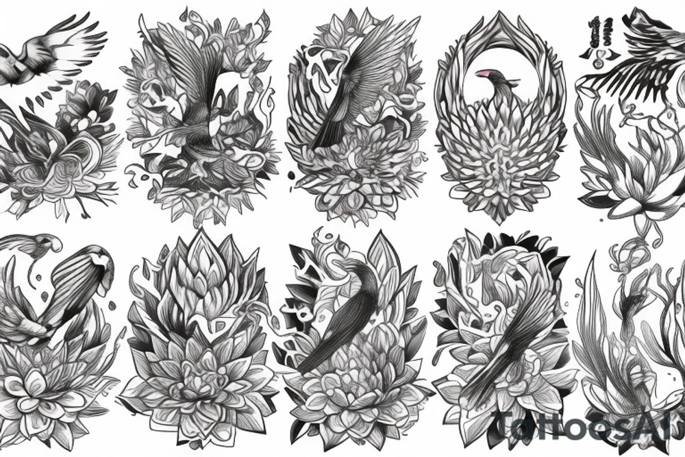 Phoenix bird with a water lotus flower tattoo idea