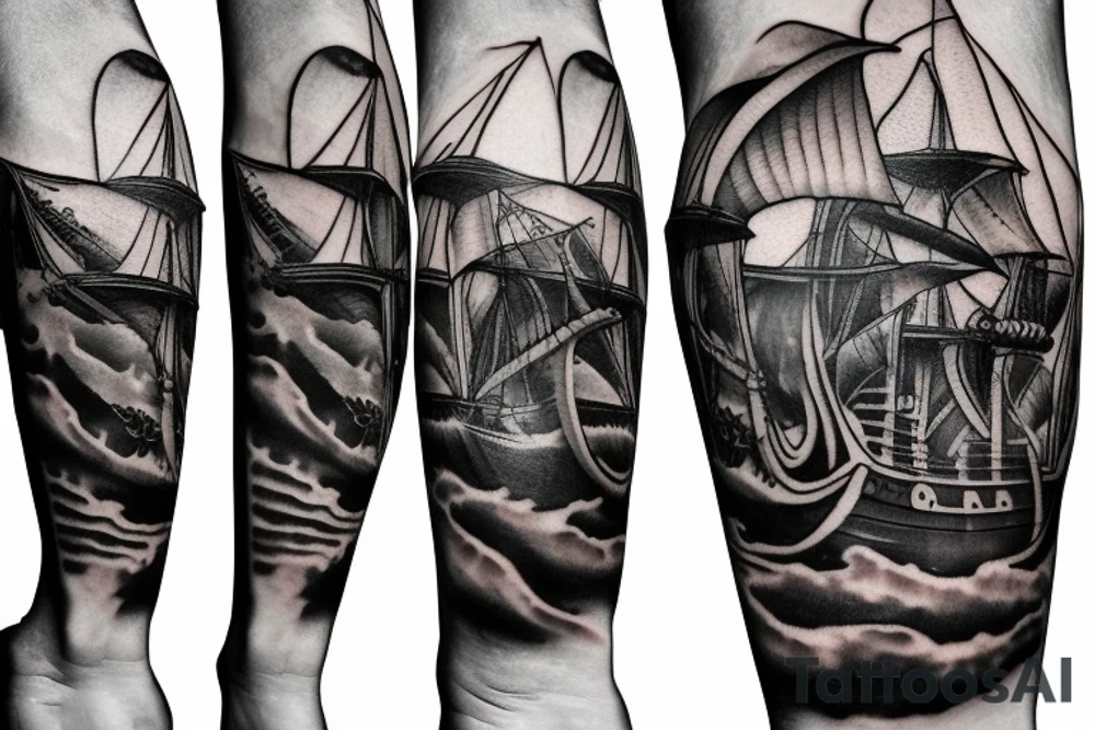Leg sleeve pirate ship, jelly fish, knife, masculine tattoo idea