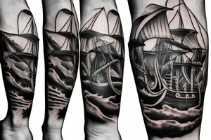 Leg sleeve pirate ship, jelly fish, knife, masculine tattoo idea