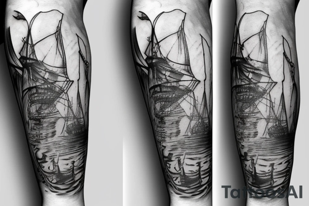 Leg sleeve pirate ship, jelly fish, knife, masculine tattoo idea