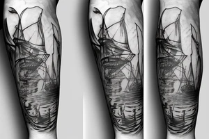Leg sleeve pirate ship, jelly fish, knife, masculine tattoo idea