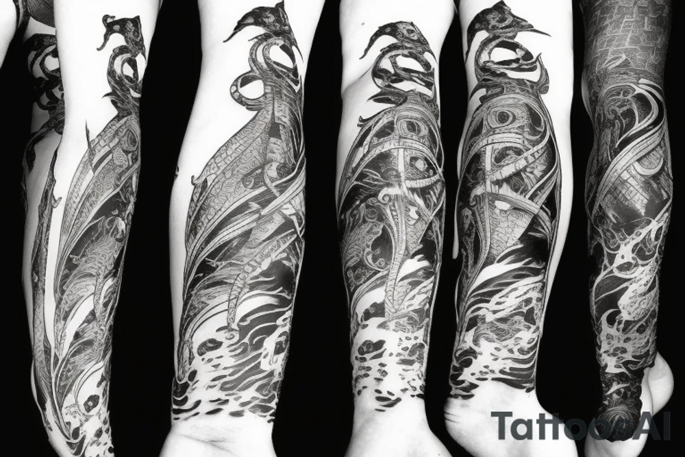 Leg sleeve pirate ship, jelly fish, knife, masculine tattoo idea