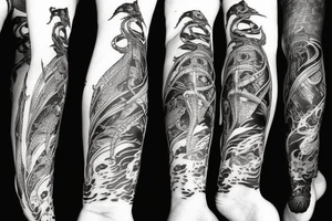 Leg sleeve pirate ship, jelly fish, knife, masculine tattoo idea