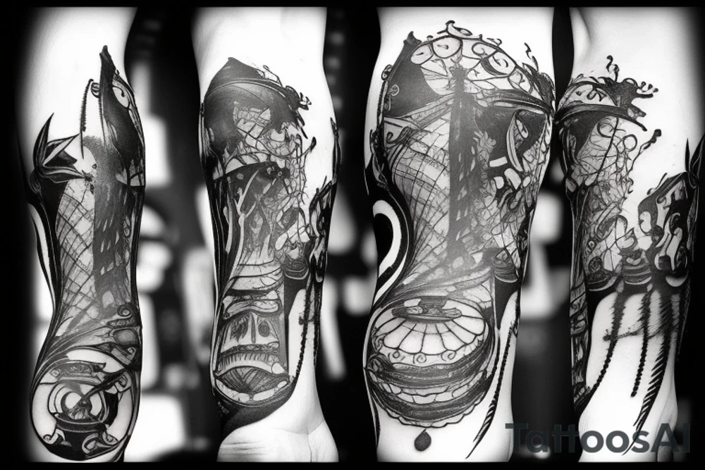 Leg sleeve pirate ship, jelly fish, knife, masculine tattoo idea