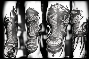 Leg sleeve pirate ship, jelly fish, knife, masculine tattoo idea