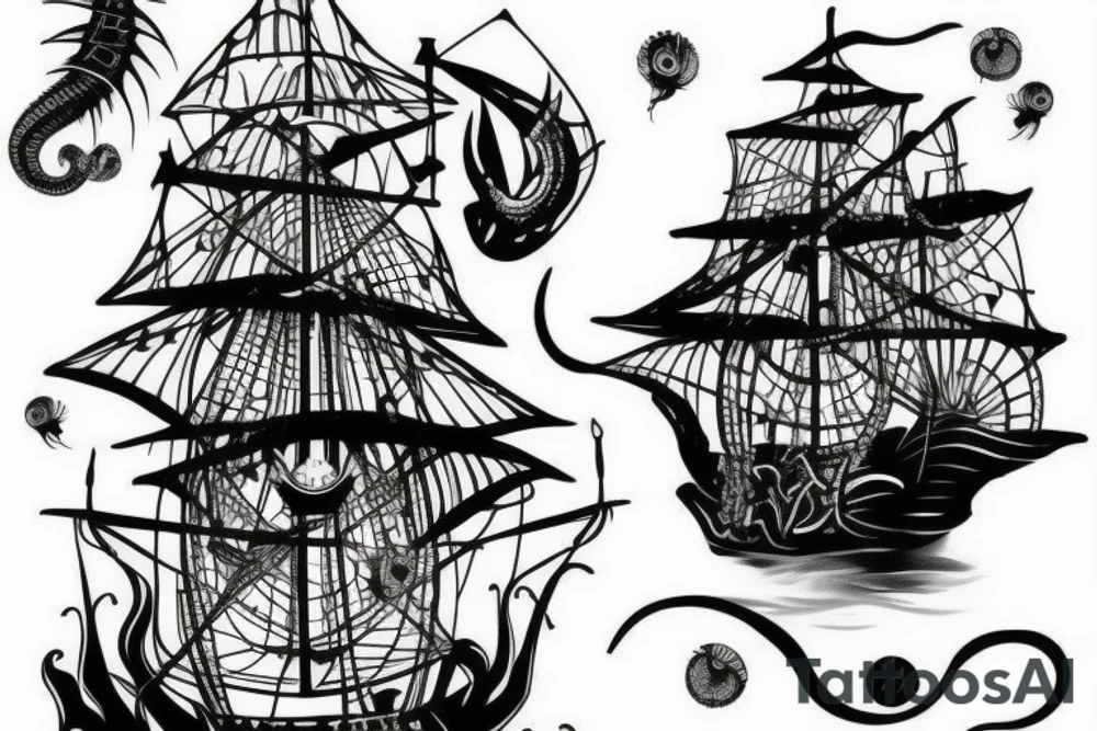 Leg sleeve pirate ship and a jelly fish tattoo idea