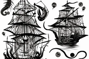 Leg sleeve pirate ship and a jelly fish tattoo idea