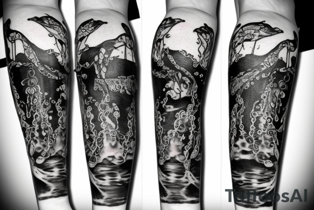 Leg sleeve pirate ship and a jelly fish tattoo idea