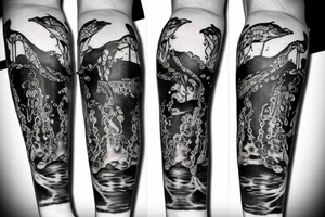 Leg sleeve pirate ship and a jelly fish tattoo idea