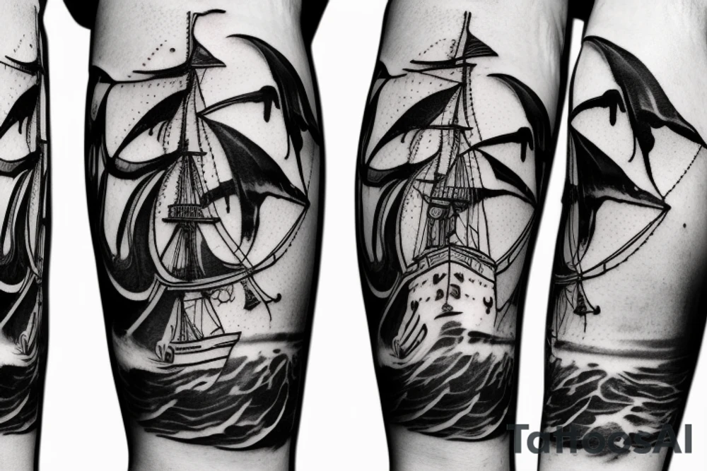 Leg sleeve pirate ship and a jelly fish, aggressive tattoo idea