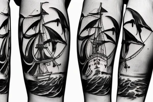 Leg sleeve pirate ship and a jelly fish, aggressive tattoo idea