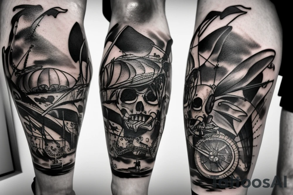 Leg sleeve pirate ship and a jelly fish, aggressive tattoo idea
