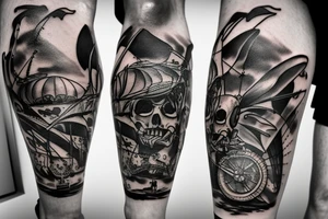 Leg sleeve pirate ship and a jelly fish, aggressive tattoo idea