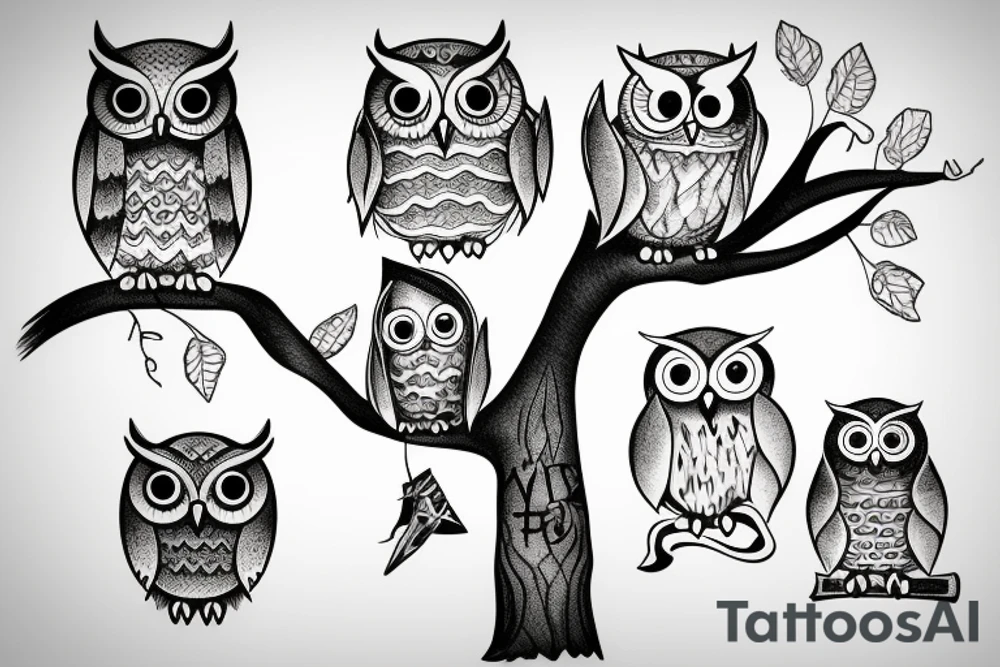 owl hanging on a tree branch tattoo idea