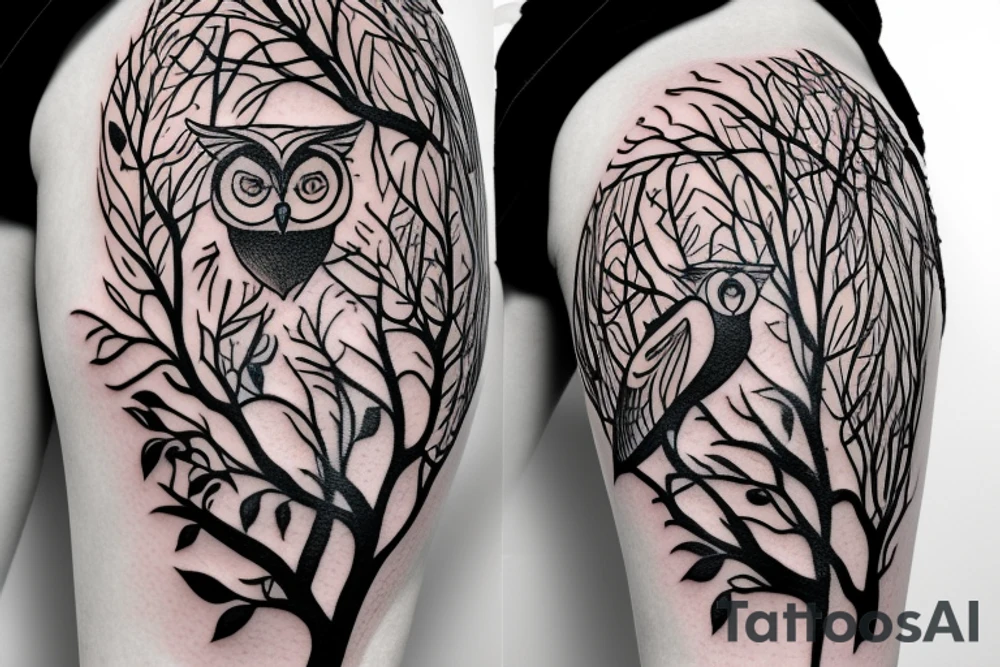 owl hanging on a tree branch tattoo idea