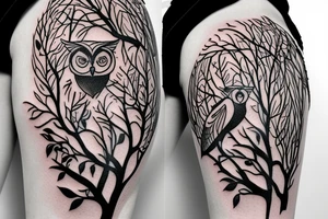 owl hanging on a tree branch tattoo idea