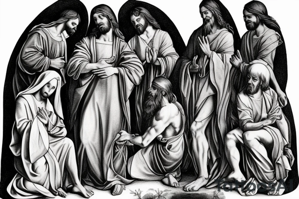 Jesus talking to his disciples realism Renaissance style tattoo idea