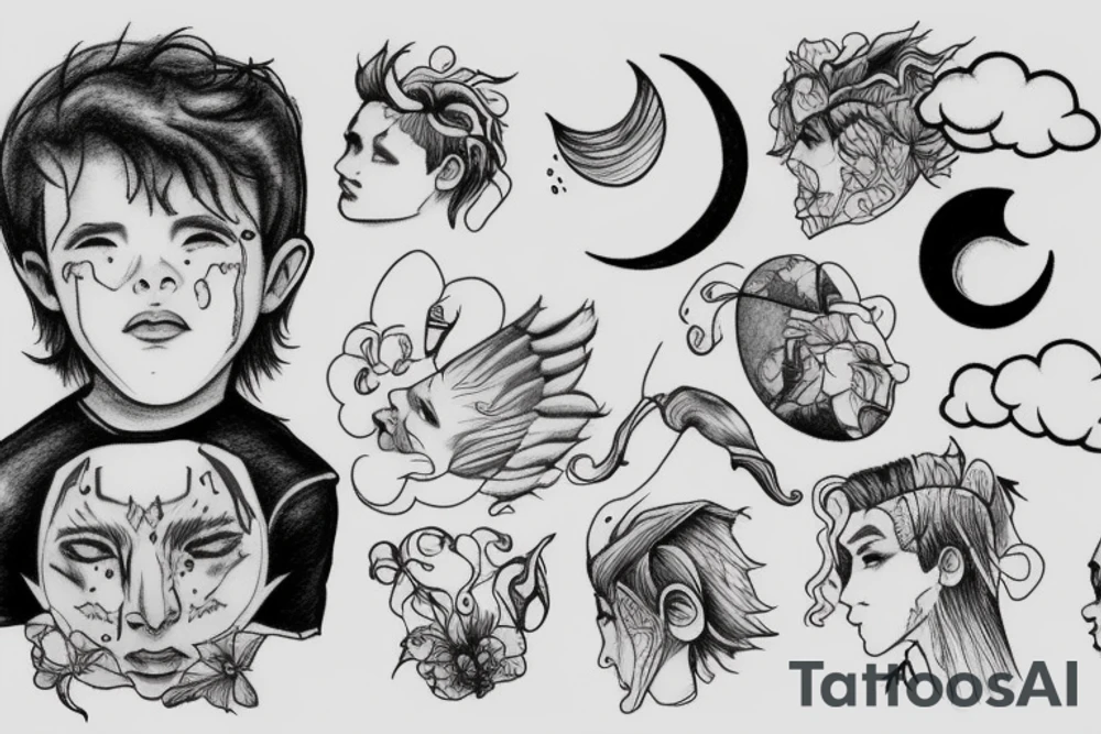 A boy with his head in the clouds looking at new moon tattoo idea