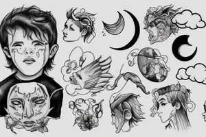 A boy with his head in the clouds looking at new moon tattoo idea