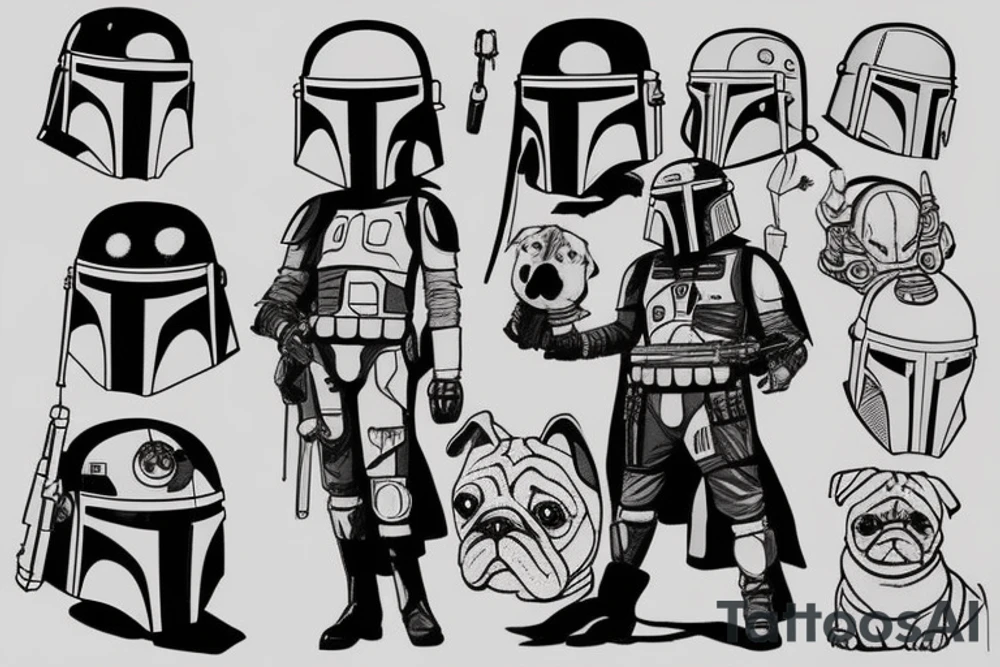 Boba fett with a pug's head and holding his helmet tattoo idea