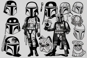 Boba fett with a pug's head and holding his helmet tattoo idea