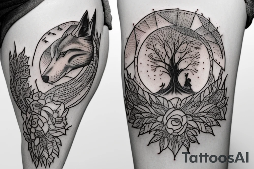 Make a tattoo realistic style of a hour glass with a growing tree around it on the lower part of the house glass is three wolves one farther and two pups tattoo idea