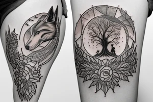 Make a tattoo realistic style of a hour glass with a growing tree around it on the lower part of the house glass is three wolves one farther and two pups tattoo idea