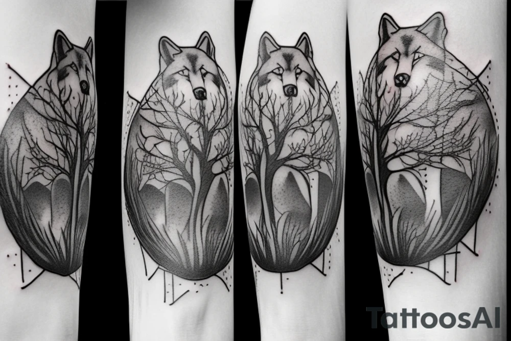 Make a tattoo realistic style of a hour glass with a growing tree around it on the lower part of the house glass is three wolves one farther and two pups tattoo idea